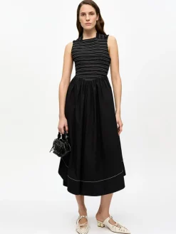 Black Washed Stretch Cotton Smock Midi Dress