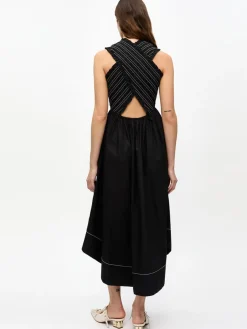 Black Washed Stretch Cotton Smock Midi Dress
