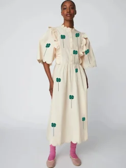 Embroidered Midi Dress with Scallops - Green/Creme
