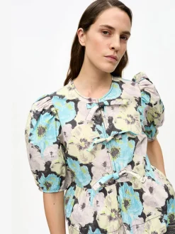 Floral Printed Cotton Peplum Tie Blouse