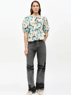 Floral Printed Cotton Peplum Tie Blouse