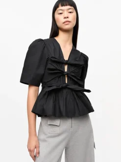 Stretch Cotton Tie Strap Blouse - Black