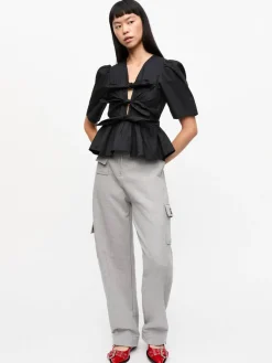 Stretch Cotton Tie Strap Blouse - Black