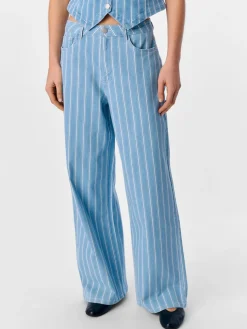 Striped Wide Leg Jeans - Light Blue Denim